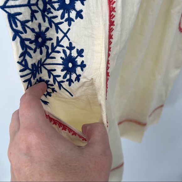 Theme Cream Blue Red Embroidered Smock 100% Cotton Tunic Top with Pockets - Picture 7 of 7